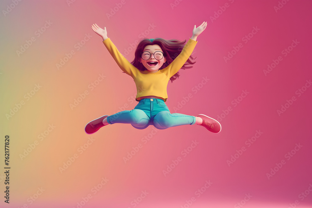 Freudensprung: Cartoonfigur springt vor Freude in die Luft auf farbigem Hintergrund - obrazy, fototapety, plakaty 