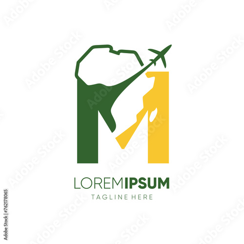 Letter M African Continent Map with Airplane for Travel Logo Design Vector Icon Symbol Graphic Illustration