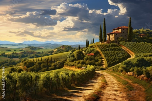 Rustic Landscape of tuscany winery. Nature wine country sunset view. Generate AI