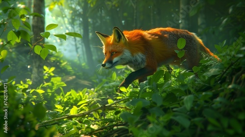 Deep in the heart of a magical forest, a playful fox darts through the underbrush, its vibrant red fur contrasting beautifully with the lush greenery.