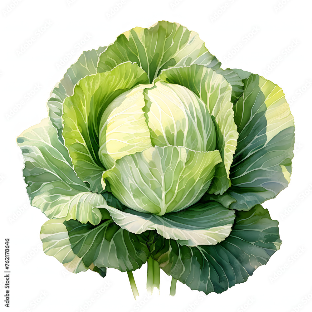 Obraz premium Cabbage, Garden Flower Bed, vegetable, Hsiang Ron Cheng/painting style, watercolor illustration, single object, white background for removing background.