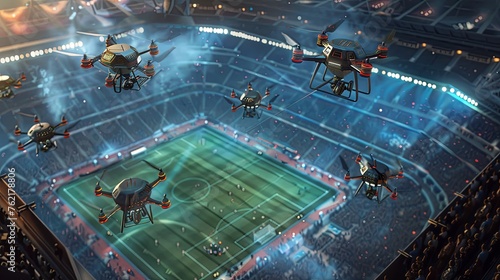 A swarm of high-tech drones equipped with cameras flies above a sports stadium, capturing live event footage. Drones Flying Over Stadium During Sporting Event

