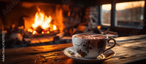coffee cup near fireplace in country house, winter concept