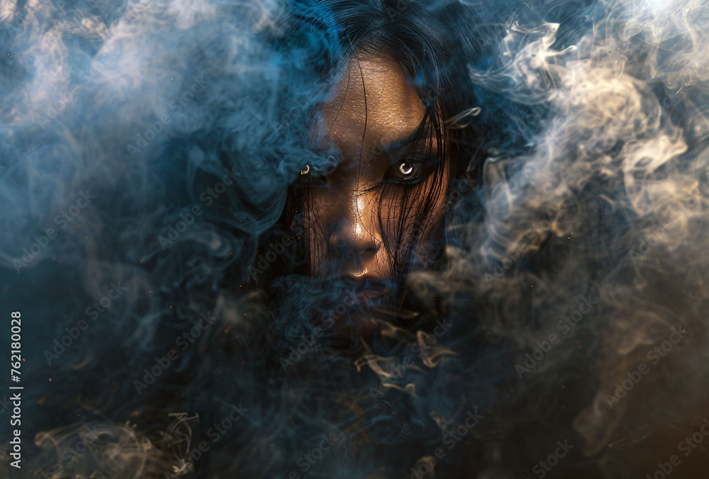 her face is hidden in the dense smoke