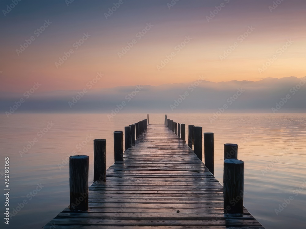 A wooden pier at misty dawn in a still sea HD Wallpapers