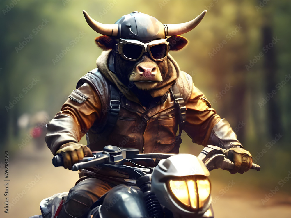 A bull drives a motorcycle. Motorbike on the road riding. A bull drives a motorcycle. Motorbike on the road riding.