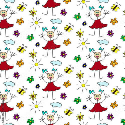 Set of designs of primitive color children's drawing of a girl, flowers, butterflies. Seamless color pattern on a white background. Creative collection of abstract art for kids or holiday design