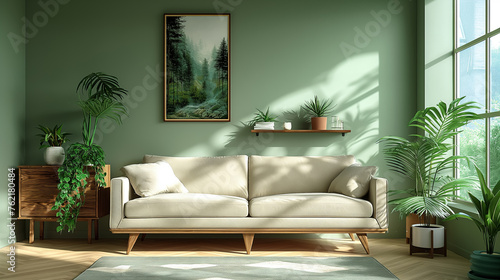 Scandinavian interior design of a modern living room, light olive sofa and wooden furniture against the background of a light green wall with paintings