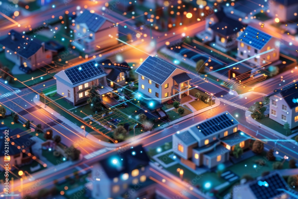 Fototapeta premium Revolutionizing Home Intelligence with Wind Power Plants: Smart Energy Homes Integrated with Eco-Friendly Technology & Isometric Graphics for Future Living Design & Sustainable Energy Solutions