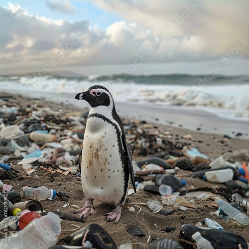 Penguin on the beach with garbage, plastic waste. generative ai