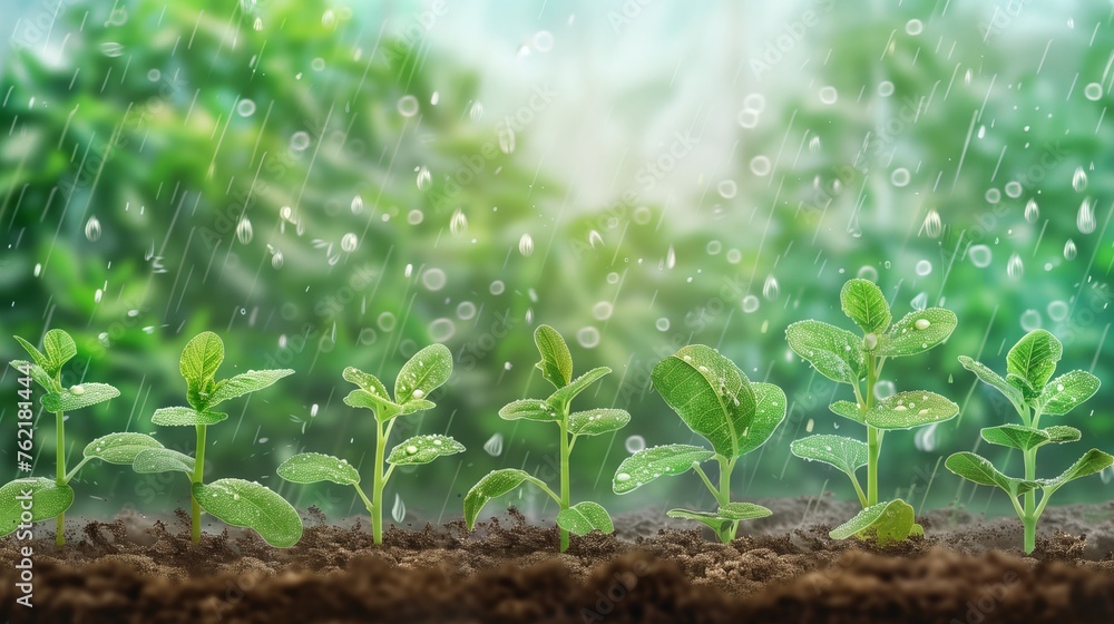 Plant saplings growing scene during rain season, Arbor Day concept illustration Plant saplings growing scene during rain season, Arbor Day concept illustration