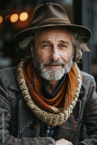 Elderly man smiling at camera. A close-up portrait of an elderly, man with a warm smile, wearing fashionable clothes.