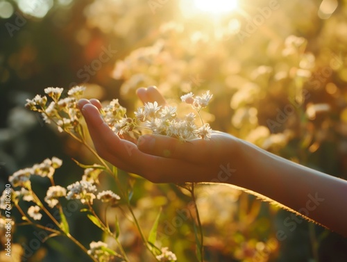 A hand cradling a cluster of white wildflowers, bathed in the warm glow of a setting sun. © cherezoff