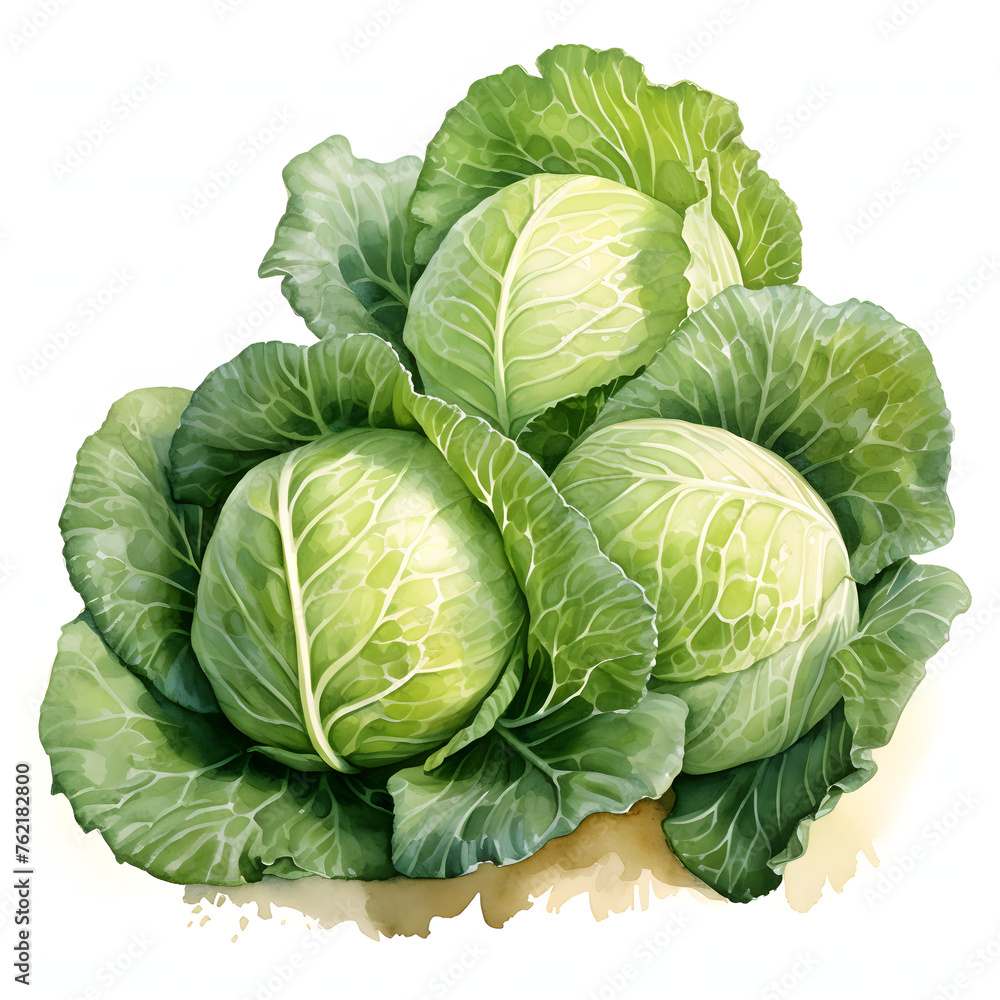 Fototapeta premium Cabbage, Terraced Vegetable Display, vegetable, watercolor illustration, single object, white background for removing background.