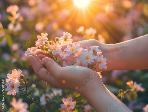 Hands holding delicate flowers against a warm sunset, conveying a sense of care and connection with nature.