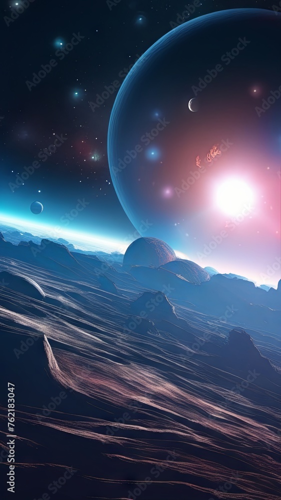 Fantastic sunrise on wild planet sci-fi background