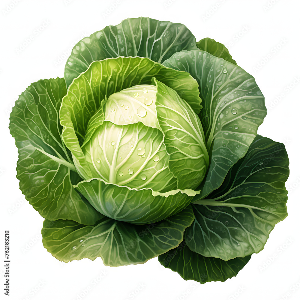 Obraz premium one Cabbage, vegetable, watercolor illustration, single object, white background for removing background.