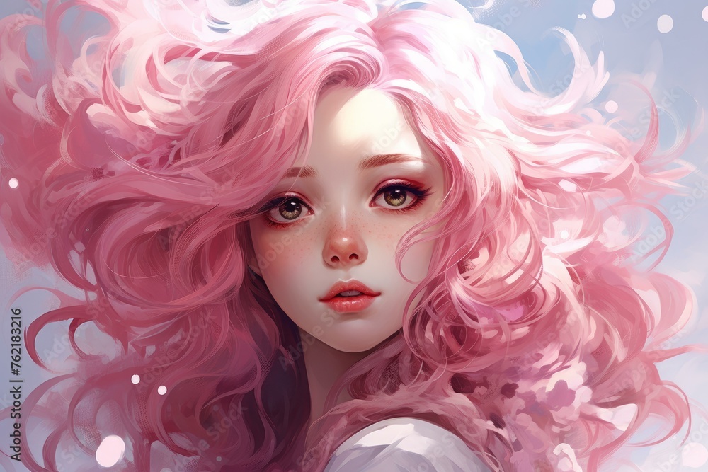 Stylized Asian pink anime girl. Woman beauty. Generate Ai