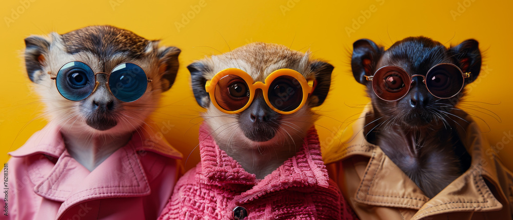 Trio of primates with obscured faces sporting eyeglasses make a humorous statement against a bold yellow background