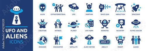 UFO and aliens icon set. Containing alien, spaceship, encounter, invasion, space gun, martian, creature, Area 51 and more. Solid vector icons collection. © Icons-Studio