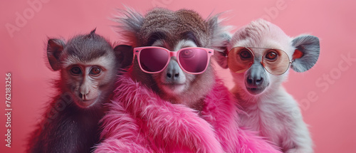 A monkey sporting chic sunglasses and a fluffy pink jacket offers a sense of humor and fashion