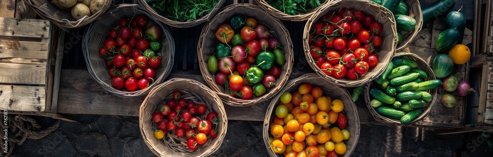 fresh ripe vegetables in round baskets on the market - obrazy, fototapety, plakaty 