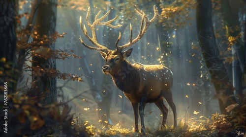 Deep within the enchanted woods, a mystical stag stands regally, its majestic antlers crowned with shimmering jewels as it guards the secrets of the forest with noble grace.
