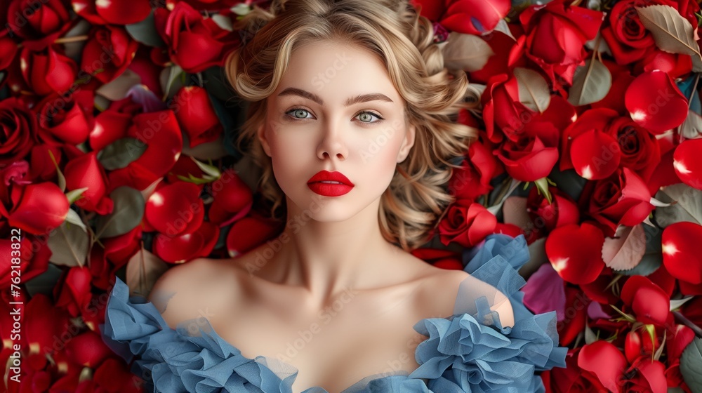 Russian girl in a blue dress l, isolated on background of red rose petals. Red lipstick on the lips from the beautiful girl. Valentine's and mother's day concept Russian girl in a blue dress l, isolated on background of red rose petals. Red lipstick on the lips from the beautiful girl. Valentine's and mother's day concept