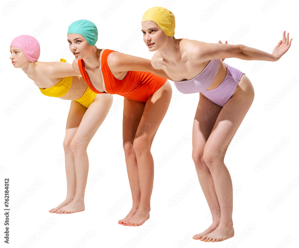 Sportive slim three young women in vintage retro swimming suits posing isolated over transparent background. Concept of beauty, fashion, vintage style, summertime, party, active lifestyle, hobbies, ad - obrazy, fototapety, plakaty 