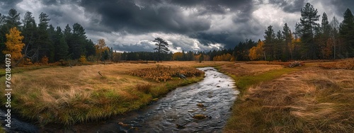 a small river in autumn  a meadow and forest on each side.