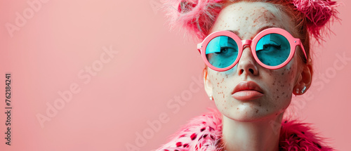 An intriguing image featuring a stylish woman's attire with face obscured by a plain square against a pink background
