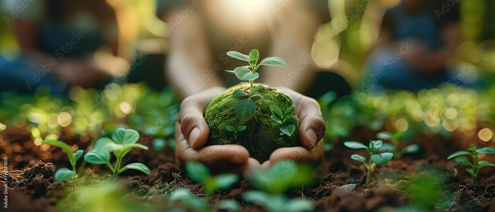 A call to protect nature. Close-up of bright morning woman holding clod of earth with flower. A call to protect nature. Close-up of bright morning woman holding clod of earth with flower.