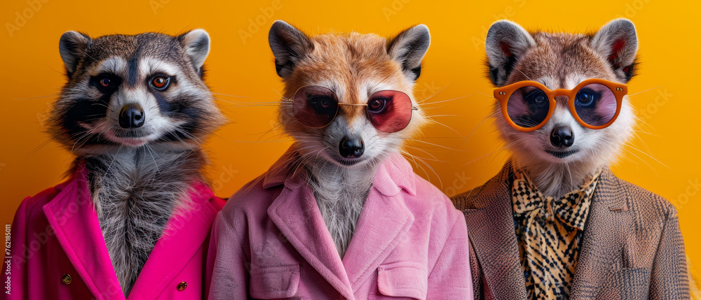 Raccoon and friends in human clothing create a whimsical take on a formal portrait