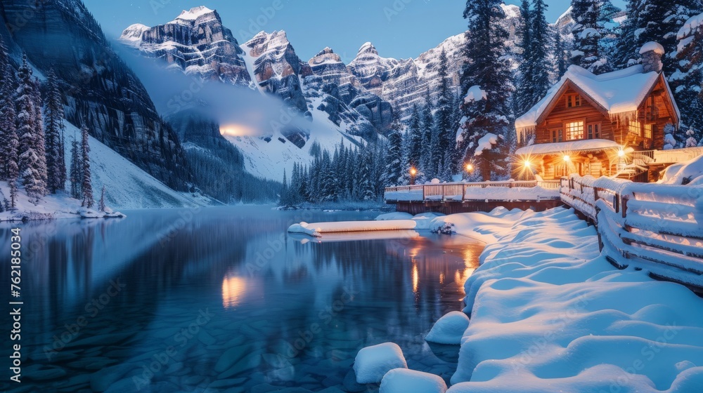 Beautiful view of Emerald Lake with snow covered and wooden lodge glowing in rocky mountains and pine forest on winter at Yoho national park, British Columbia, Canada