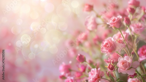 Spring background with flowers, blurred bokeh, free place for text. Greeting card for spring holidays. Template for Birthday, Women's Day, Mother's Day. Floral picture 