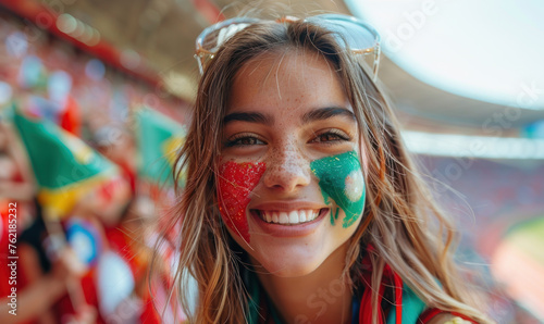 Portrait of passionate female Portugese fan celebrating at a UEFA EURO 2024 football match, her face painted with the colors and patterns of the Portugese flag, radiating enthusiasm and national pride