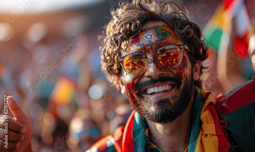 Vibrant Portrait of a Joyful male Portugal Supporter with a Portugese Flag Painted on His Face, Celebrating at UEFA EURO 2024 © Bartek
