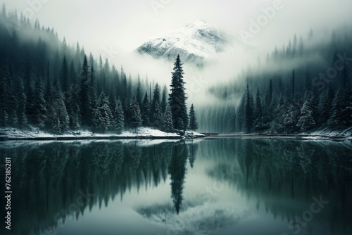a lake with trees and snow on it