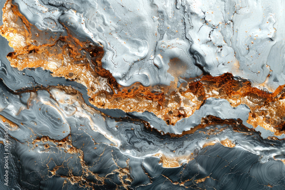 The background has a smooth and smoothly flowing surface reminiscent of melting metal.