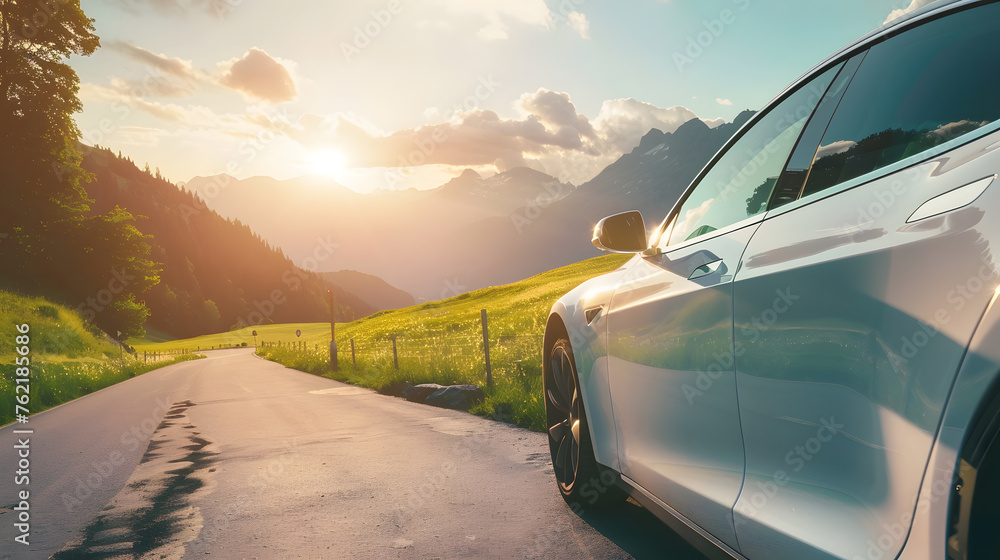 Car on the road in the mountains at sunset. Travel concept. Car on the road in the mountains at sunset. Travel concept.