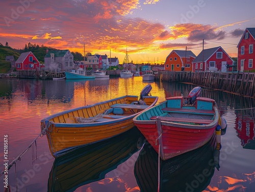Coastal Charms: Quaint Harbors and Colorful Dwellings - Fishing Boats Adorned - Sunset Glow - Capture the charm of coastal villages with quaint harbors, colorful buildings, and fishing boats dotting 