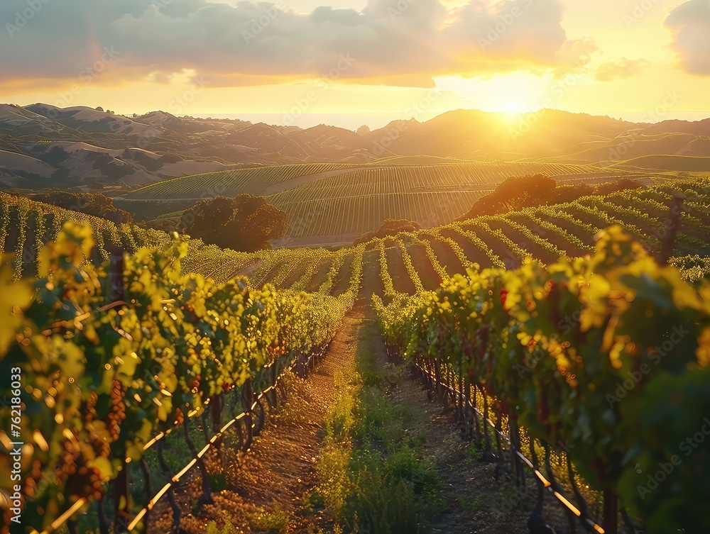 Vineyard Idyll: Rolling Hills and Rows of Vines - Rustic Wineries Await - Sunset Glow - Transport yourself to countryside vineyards with rolling hills, neat rows of vines, and rustic wineries awaiting