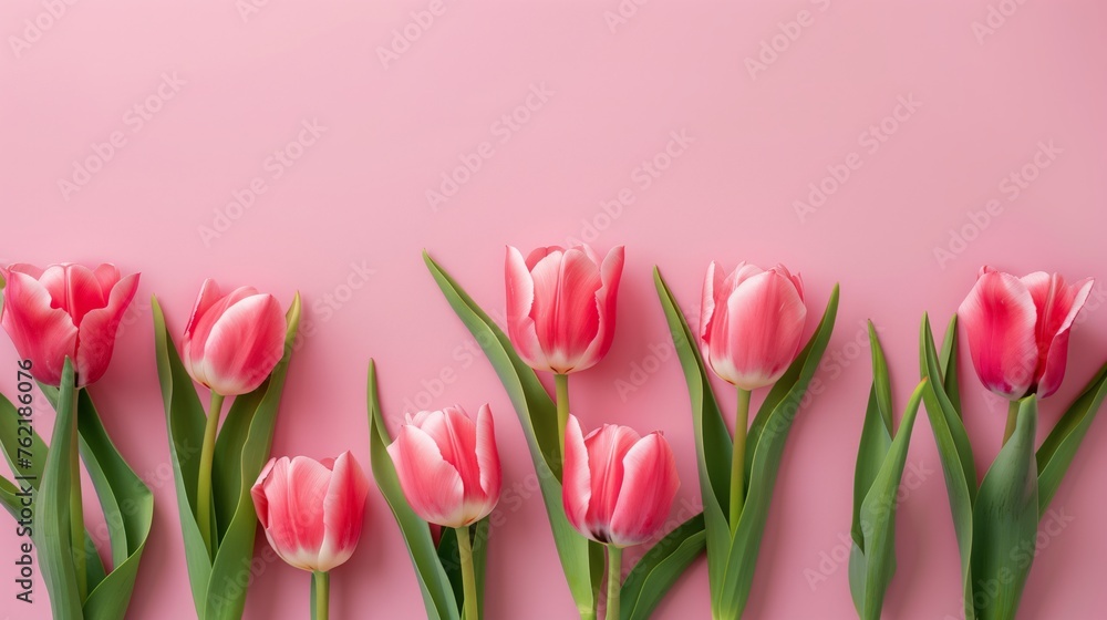 Spring tulip flowers on pink background top view in flat lay style. Greeting for Womens or Mothers Day or Spring Sale Banner Spring tulip flowers on pink background top view in flat lay style. Greeting for Womens or Mothers Day or Spring Sale Banner