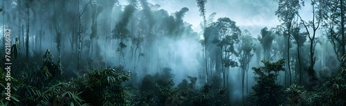 Panoramic view of misty rainforest trees with fog and rays, showcasing the natural beauty of a lush tropical rainforest canopy. Drone view with copy space. photo