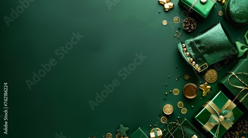 St. Patrick's Day concept, Photo taken from above, leprechaun hats with gifts, gift boxes and gold coins on green background with copy space. Banner with empty space for tex 