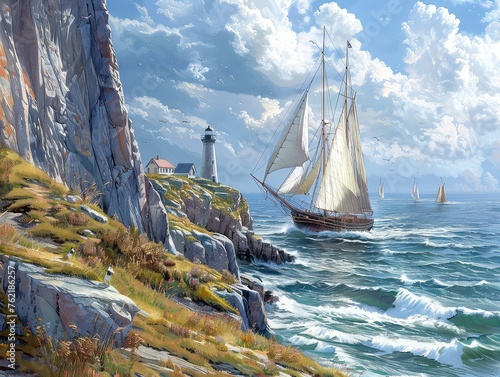 Coastal Guardians: Guiding Lighthouses on Rugged Cliffs - Ships Sailing into Safety - Oceanic Vistas - Showcase the steadfastness of coastal lighthouses on rugged cliffs, guiding ships into safety