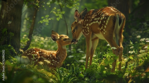 In the depths of a magical glen  a gentle fawn nuzzles against its mother  their bond evident in the tender exchange between them as they bask in the warmth of the forest s embrace.