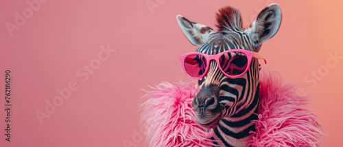 Creative animal concept. Zebra glam fashionable couture high end outfits isolated on bright background advertisement, copy space. birthday party invite invitation banner