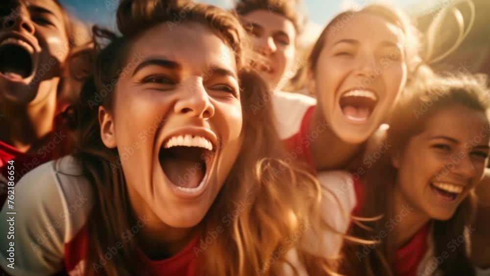 A cheerful female soccer team celebrates victory and carries on with teammates shouting with joy in the stadium. A cheerful female soccer team celebrates victory and carries on with teammates shouting with joy in the stadium.