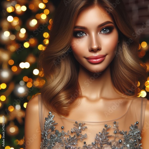 Close-up of a beautiful woman sitting in front of a Christmas tree